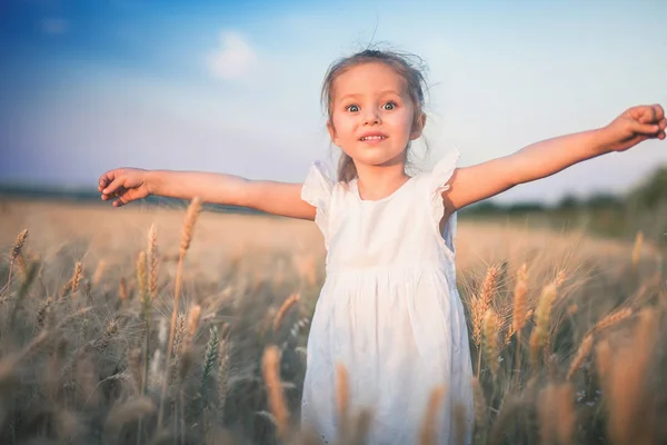 Happy Little Girl Imagine que vuela en el campo de trigo . —  Fotos de Stock