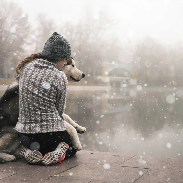 Obrazu młoda dziewczyna przytula jej pies, alaskan malamute, odkryty — Zdjęcie stockowe