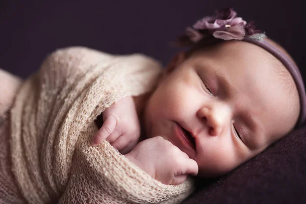 Closeup infant baby girl sleeping at background. Newborn and mothercare concept — Stock Photo, Image
