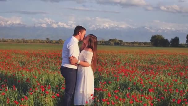 Proposal pernikahan di lapangan bunga pada hari wanita bahagia — Stok Video