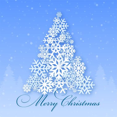 Yeni yıl ağacı. Mavi arka plan üzerinde neşeli Noel ağacı. Kar taneleri ağaç