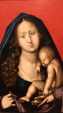 This is a Renaissance painting of the Madonna and Child set against a vibrant red background. The Virgin Mary wears a dark hood and holds a sleeping baby Jesus, who is depicted with soft, lifelike skin tones.