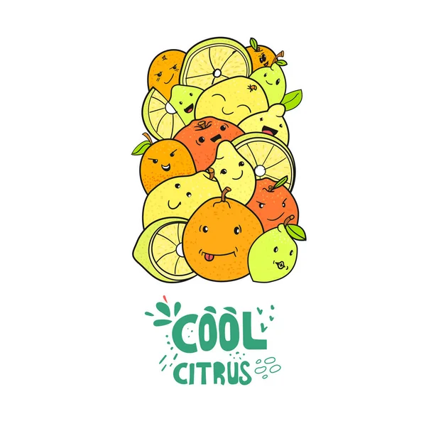 Citrusfélék karakterek vektoros rajz firka — Stock Vector