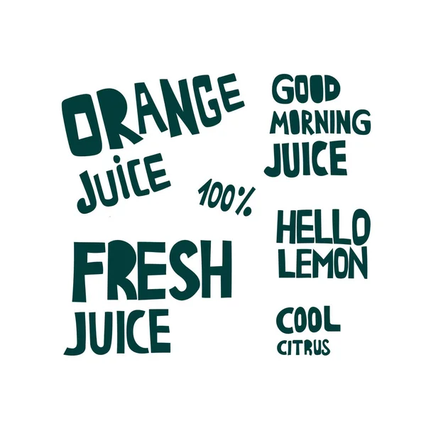 Jugo de naranja, bebidas frías juego de letras dibujadas a mano — Vector de stock