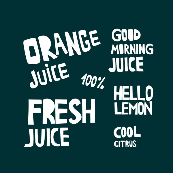 Jugo de naranja, bebidas frías juego de letras dibujadas a mano — Vector de stock