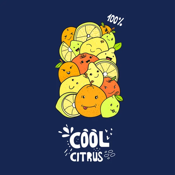 Citrusfélék karakterek vektoros rajz, kawaii citrus firka — Stock Vector