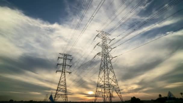 Time Lapse Footage Sunset Two Transmission Power Line Tower Paddy — Stock Video