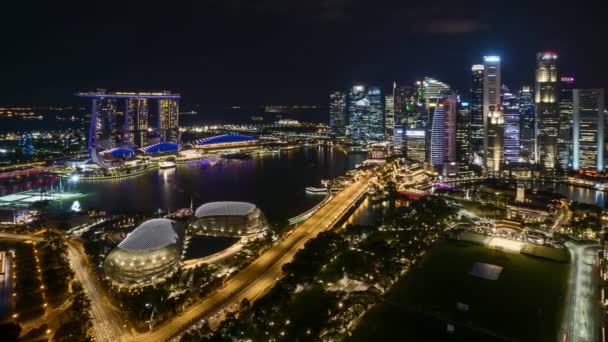 Nachtscène Bij Marina Bay Singapore Time Lapse Pan Rechts — Stockvideo