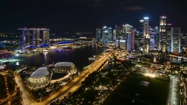 Nattbild Marina Bay Singapore Tid Förfaller Zooma — Stockvideo