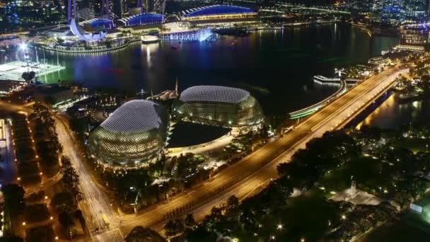 Zeitraffer Der Nächtlichen Szene Der Marina Bay Singapore Neigung Nach — Stockvideo