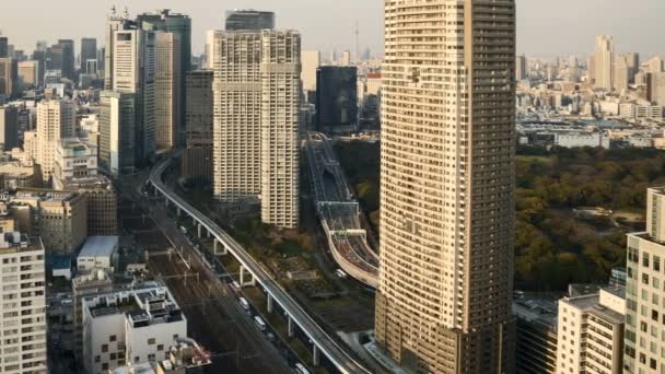 东京市中心的天际带着运动模糊的车辆和快速的火车运行 时间飞逝 潘离开了 — 图库视频影像