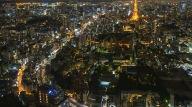 Tokyo şehrinin ufuk çizgisindeki gece sahnesinin 4k süreleri. Eğil.