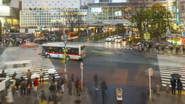 东京石谷十字路口是世界上最繁忙的交叉口之一 可翻越的交叉口 日落时分 时间一天天地流逝 潘离开了 — 图库视频影像