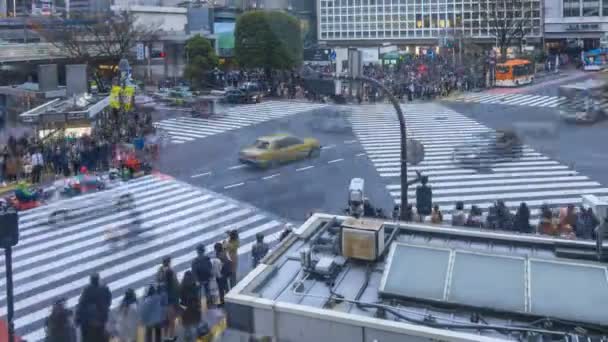 东京石谷十字路口是世界上最繁忙的交叉口之一 可翻越的交叉口 日落时分 时间一天天地流逝 向上倾斜 — 图库视频影像