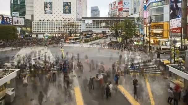东京石谷十字路口是世界上最繁忙的交叉口之一 可翻越的交叉口 日落时分 时间一天天地流逝 放大点 — 图库视频影像