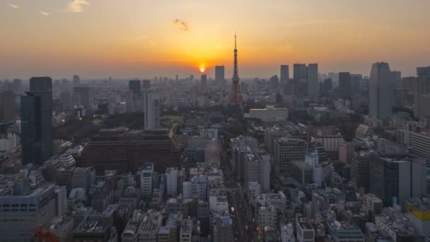 東京タワーと東京シティスカイラインで日没日から夜のシーンの4K時間経過 空中展望 傾斜アップ — ストック動画