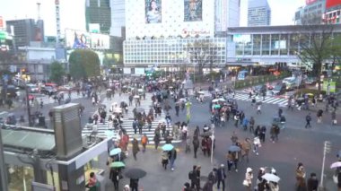 Shibuya, Tokyo, Japonya - 2 Nisan 2017: Dünyanın en işlek kavşaklarından biri olan Shibuya Crossing 'in B-roll sineması kurma görüntüleri). 