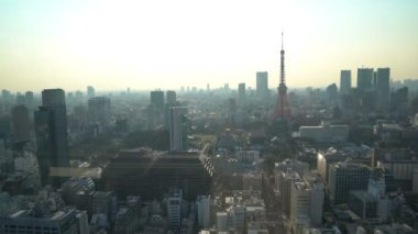 B-roll sineması, Tokyo 'da alacakaranlık günbatımı sahnesinin hava görüntüsü.. 