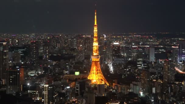 Roll Cinematic Footage Night Scene Tokyo City Tokyo Tower Aerial — Stock Video