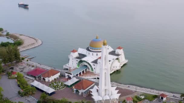 Aerial Drone Establishing Roll Footage Melaka Straits Floating Mosque Sunset — Stock Video