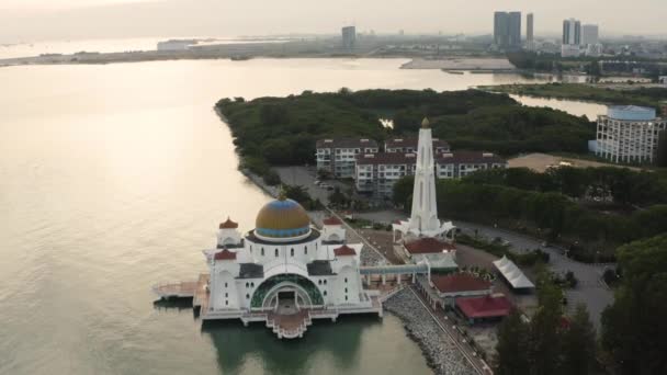 Aerial Drone Establishing Roll Footage Melaka Straits Floating Mosque Sunset — Stock Video