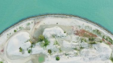 Drone manzarası ağaçlarla kumlu sahilde uçuyor.. 