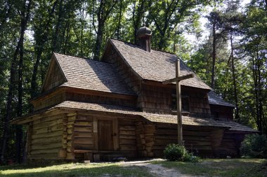 Lviv, Ukrayna bir orman arka plan karşı Antik ahşap kilise.