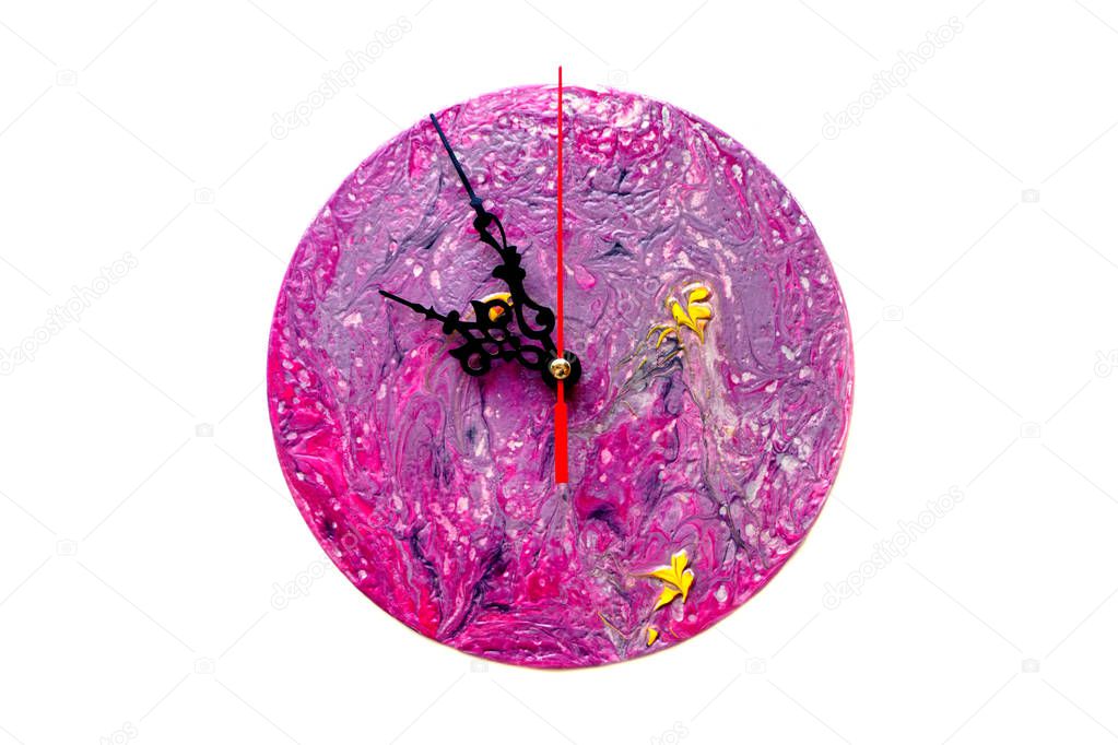 DIY clock with abstract vibrant watercolors acrylic pouring technique waves marble on vinyl record isolated on white background