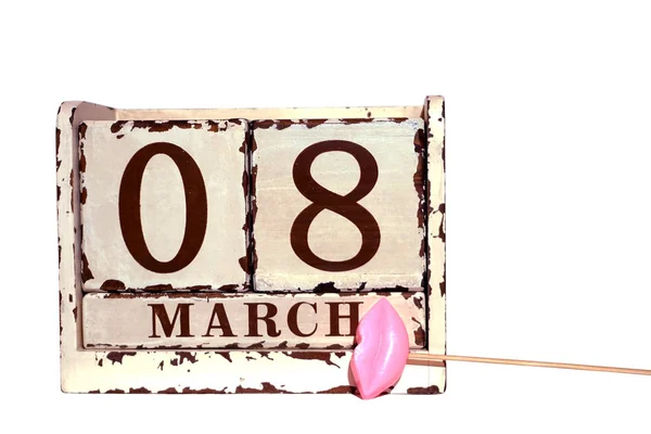 Марта Happy Women Day Wooden Block Calendar Pink Lips Stick — стоковое фото