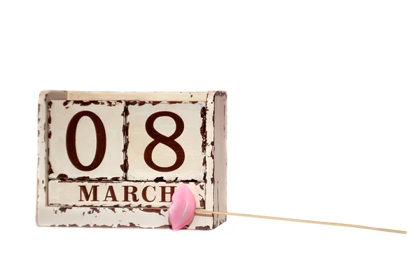 Marzo Feliz Día Mujer Con Calendario Bloques Madera Labios Rosados — Foto de Stock