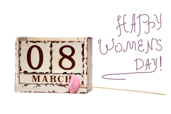 Μαρτίου Υπογράψει Ημέρα Ευτυχισμένη Γυναικών Ξύλινα Μπλοκ Ημερολόγιο Και Ροζ — Φωτογραφία Αρχείου