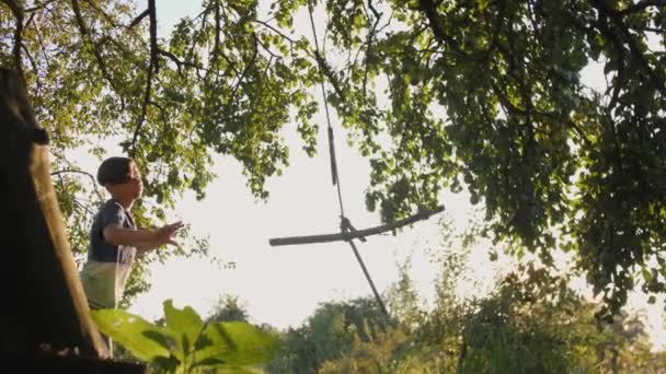 Um adolescente balança um balanço que é anexado a um ramo. — Vídeo de Stock