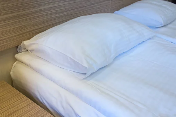 Prepared fresh bed, scene in hotel room. Horizontal