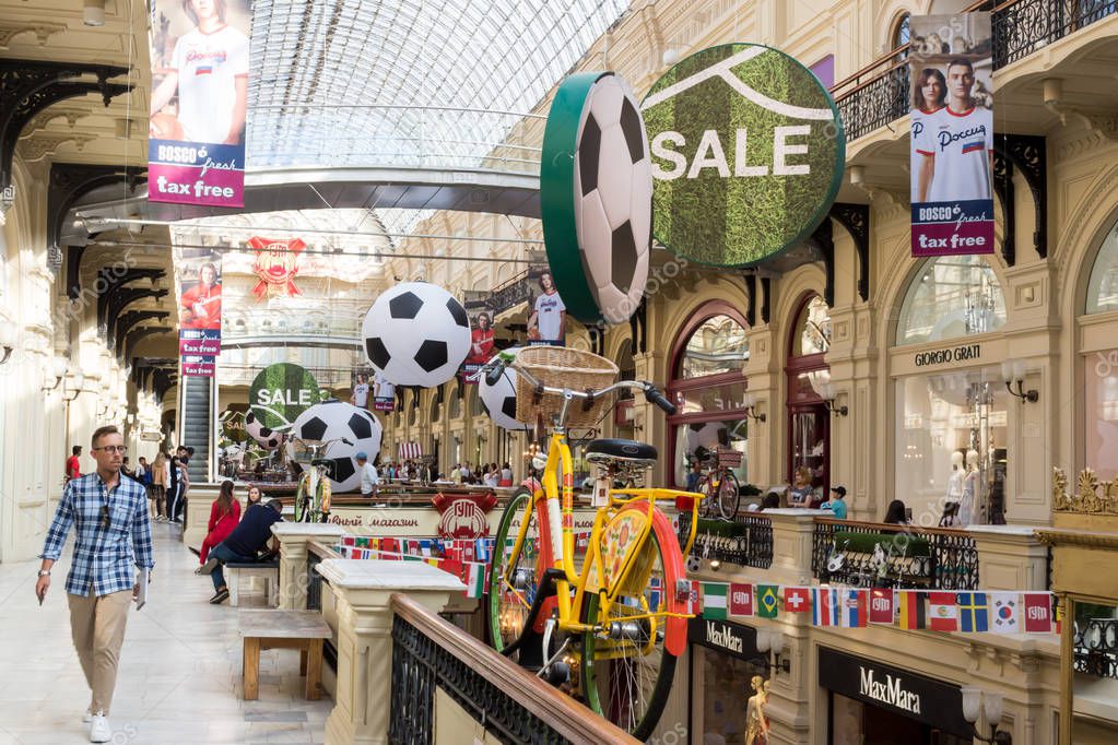 Moscow, Russia - July 02, 2018: Interiors of the famous Main Universal Store GUM Trading House during the FIFA World Cup, Mundial 2018