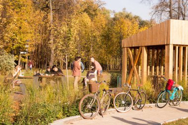 Moskova, Rusya - 18 Ekim 2018: Öğrenciler, parkta bir çimenlikte çalışan genç insanlar