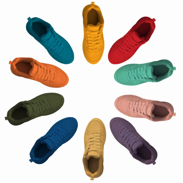 穿着不同颜色的运动鞋拼贴在一起 — 图库照片