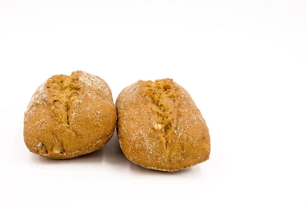 Dois Rolos Trigo Farinha Centeio Com Sementes Pão Delicioso Isolado — Fotografia de Stock