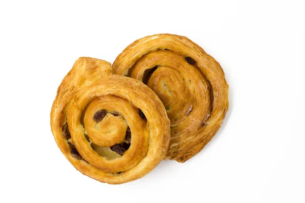 Zoete Ronde Broodjes Met Rozijnen Geïsoleerd Een Witte Achtergrond — Stockfoto