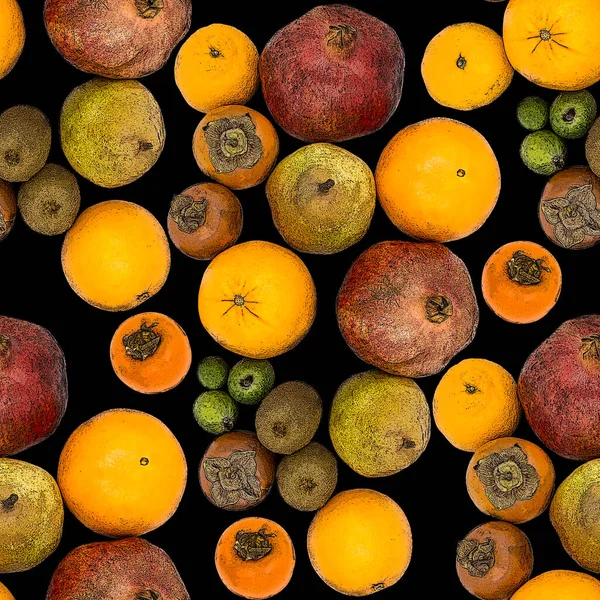 Patrón Sin Costuras Frutas Frescas Maduras Sobre Fondo Negro — Foto de Stock