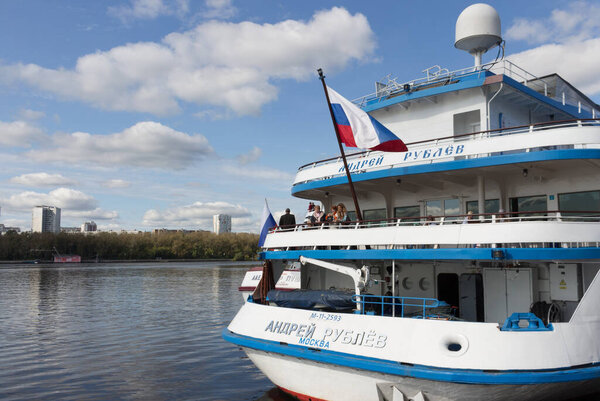 Russia, Moscow, September 16, 2020: Embankment near the Northern River Station. The ships are at the pier.