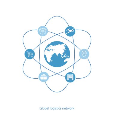 Global lojistik ağı. Global lojistik ortaklık bağlantısı eşleyin. Beyaz benzer dünya harita ve lojistik simgeler. Düz tasarım. Vektör çizim Eps10.