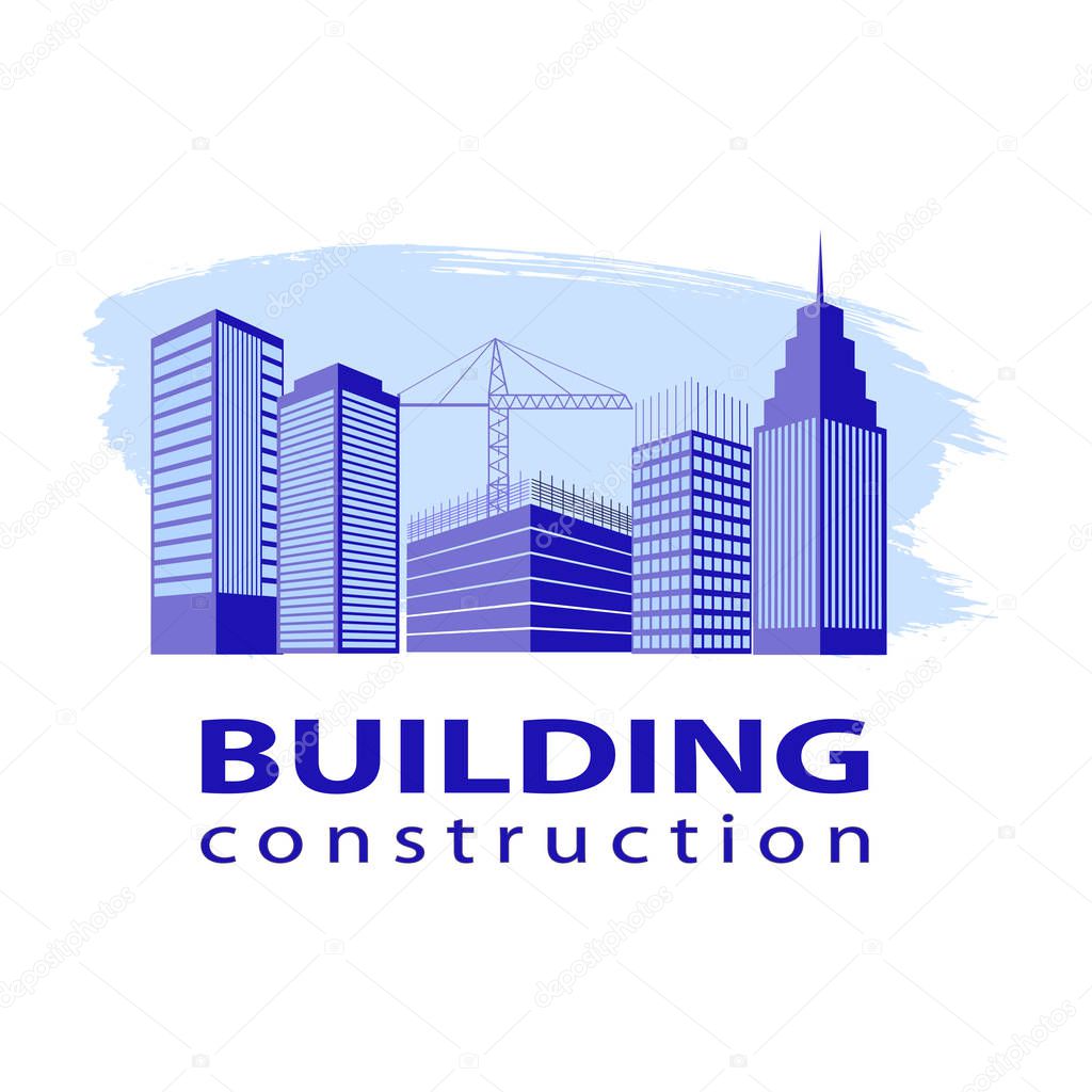 Construction working industry concept. Building construction logo in blue. Silhouettes of high-rise buildings on a brush stroke. Stock vector. Vector illustration EPS10.