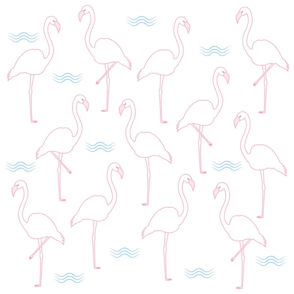 Padrão Sem Costura Vetorial Com Flamingo Ondas Azuis Fundo Branco —  Vetores de Stock