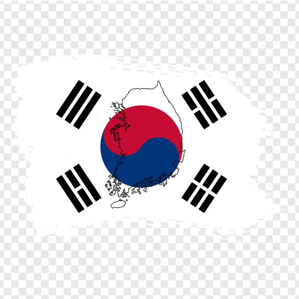 Flagge Südkoreas aus Pinselstrichen und leerer Landkarte Südkoreas. hochwertige Südkoreakarte auf transparentem Hintergrund. Aktienvektor. Vektorabbildung eps10. — Stockvektor