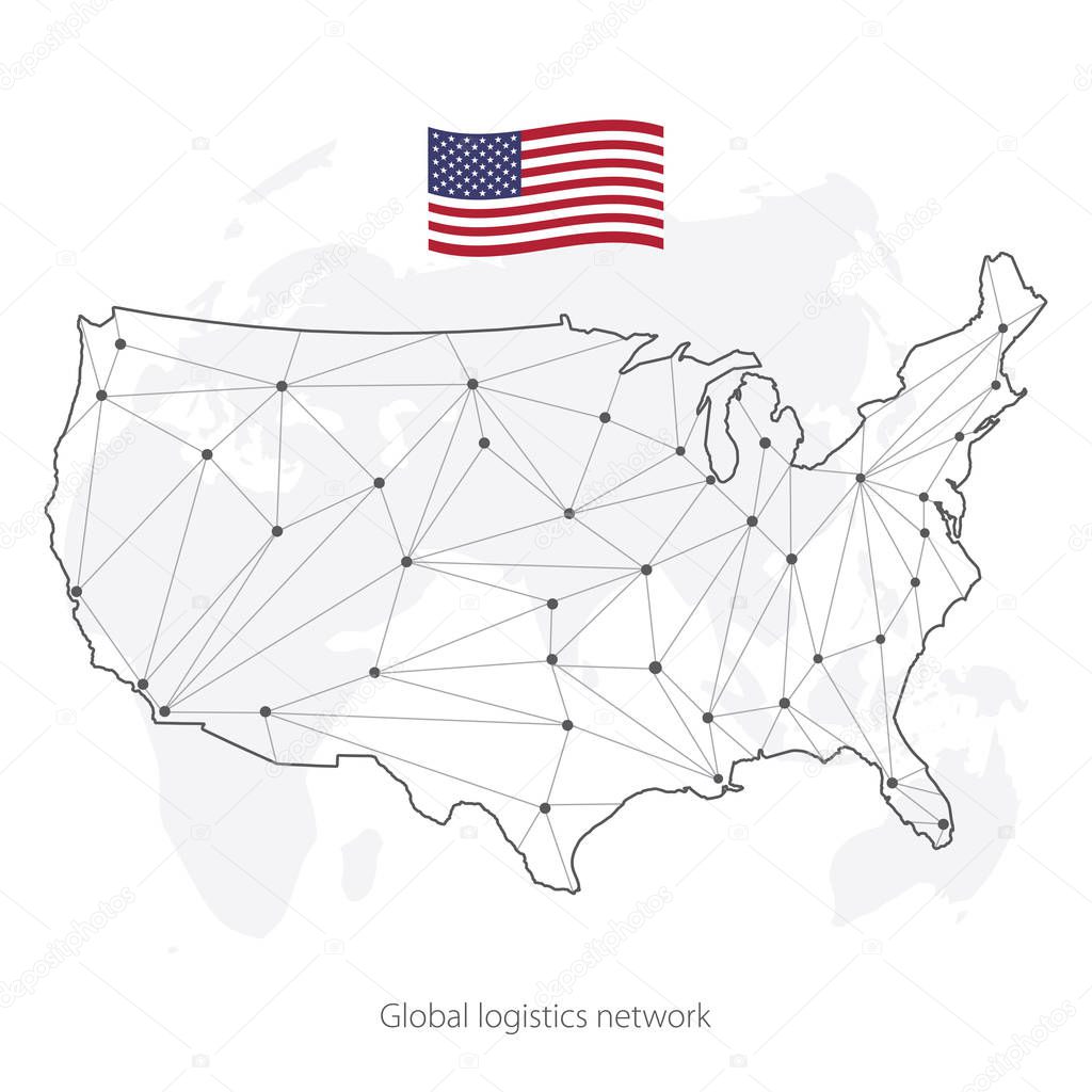 Global logistics network concept. Communications network map of the USA on the world background. Map United States of America with nodes in polygonal style and flag USA. Vector illustration EPS10. 