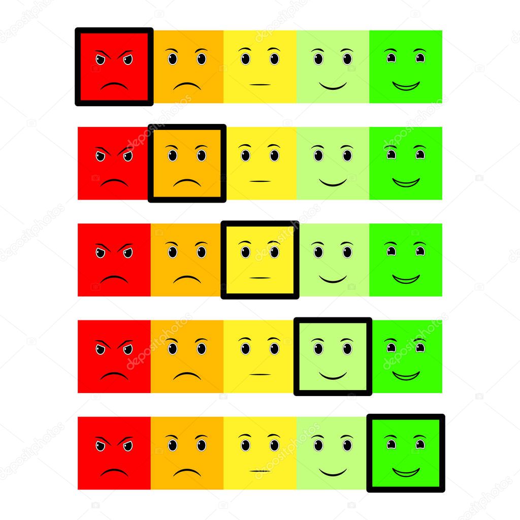 Five Color Faces Feedback/Mood. Set five faces scale - smile neutral sad - isolated vector illustration. Rank or level of satisfaction rating. Flat design. Vector illustration EPS10. 