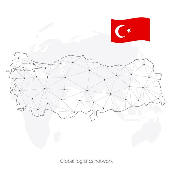 Concept de réseau logistique mondial. Le réseau de communication cartographie la République turque sur le fond mondial. Carte de la Turquie avec des nœuds dans le style polygonal et drapeau. Illustration vectorielle EPS10 . — Image vectorielle