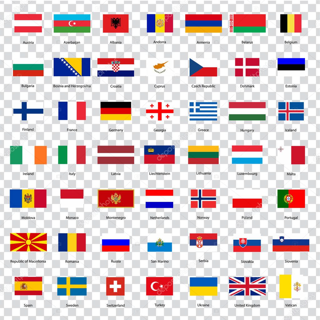 All flags of the countries of the European Union. List of all flags of European countries with inscriptions and original proportions on transparent background. Flags for your web site design, logo, app, UI. Vector illustration EPS10.  