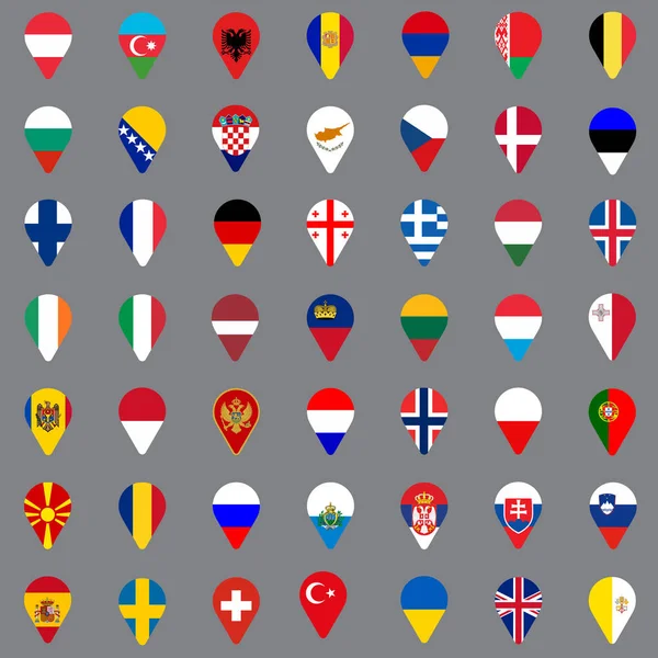 Zestaw ikon geolokalizacji czterdzieści dziewięć. Flagi wszystkich krajów europejskich w postaci ikon geolokalizacji. Geotag ikony projektowanie stron internetowych, logo, aplikacji, interfejs użytkownika. Ilustracja wektorowa Eps10. — Wektor stockowy