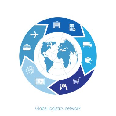 Global Lojistik ağı. Global Lojistik ortaklık bağlantısı eşleyin. Geolocation ve lojistik simgeler ile benzer dünya haritası. Düz tasarım. Vektör çizim Eps10. 